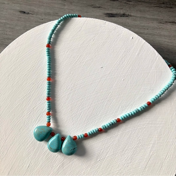 Artisan Handmade Genuine Turquoise & Carnelian Teardrop Beaded Necklace - Picture 2 of 7